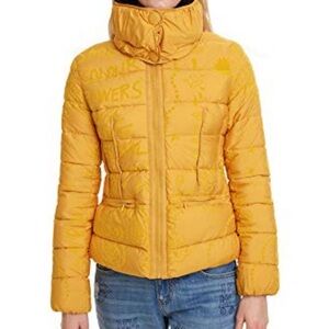 DESIGUAL Mustard Yellow Puffer Jacket Tonal Print Mandala Lining Size 40 (M/L)